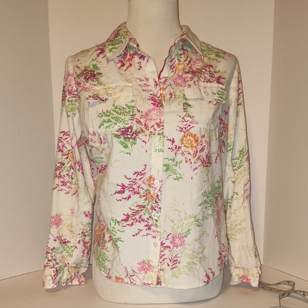 CROFT & BARROW Wispy Flower Fern Floral Design Blouse Top Shirt Size Petite Med